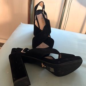 Prada black velvet Calzaiu cross silver buckle. 8058257541485. Size 39.5